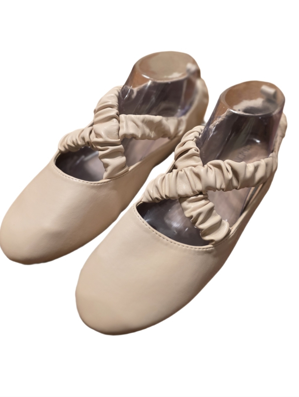 Cider Cream Vegan Leather Ruched Strappy Ballet Flats, size 40, USA 9